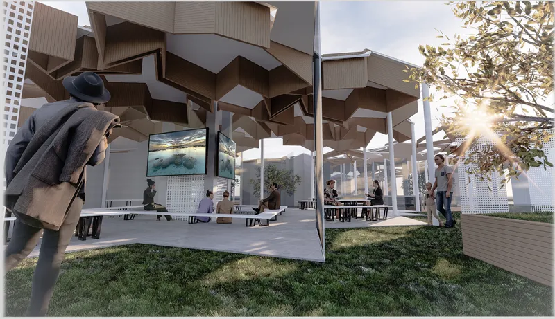 Covered outdoor plaza with angular timber canopy supported by white columns at sunset