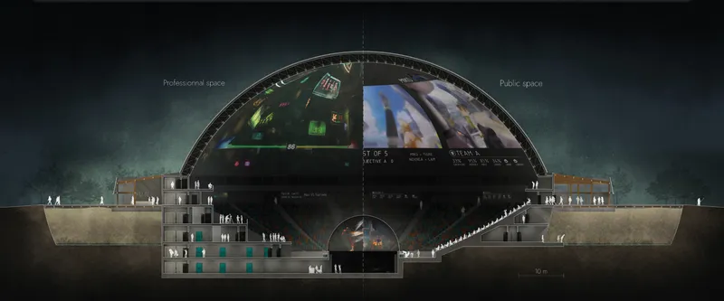 Section drawing showing a domed structure with projected media screens and underground levels