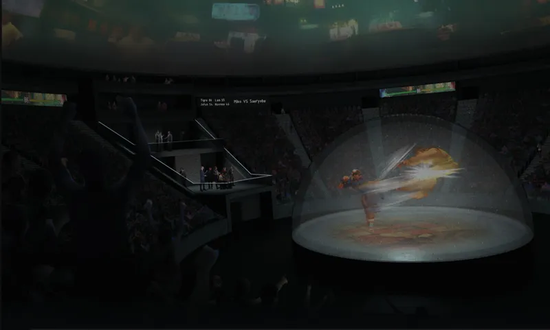 Interior view of a dimly lit exhibition space with a large illuminated dome projection and escalators