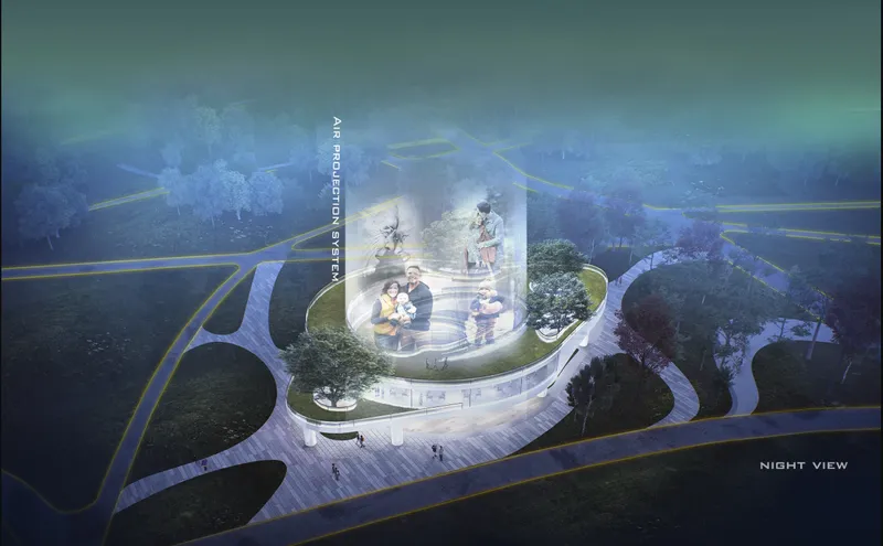 Aerial rendering of a circular pavilion with transparent walls and curved green roofs at dusk