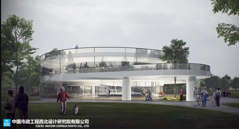 Street-level rendering of the two-story pavilion with glass facades and cylindrical columns amid trees