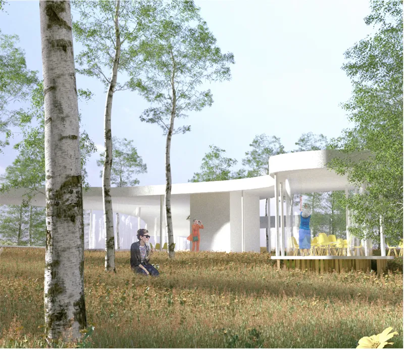 Rendered view of a white pavilion with curved roof among birch trees and a meadow with a visitor walking