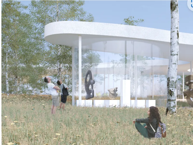 Close-up rendered view of a circular glass pavilion with white columns displaying sculpture among birch trees