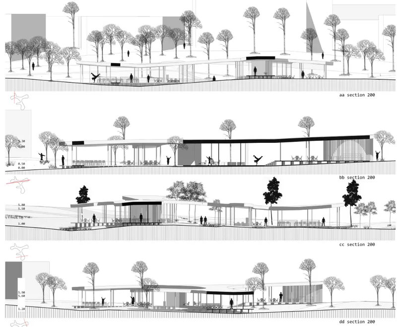 Four section drawings showing pavilions with varying roof forms among trees with human figures throughout