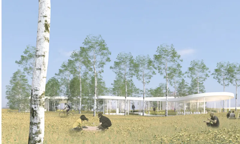 Rendered landscape view showing a low curving pavilion among birch trees with people seated in the meadow