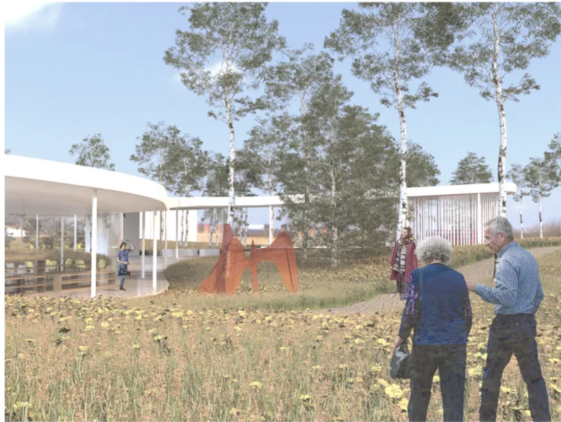 Rendered view of a curved pavilion and angular volumes among birch trees with sculpture and visitors