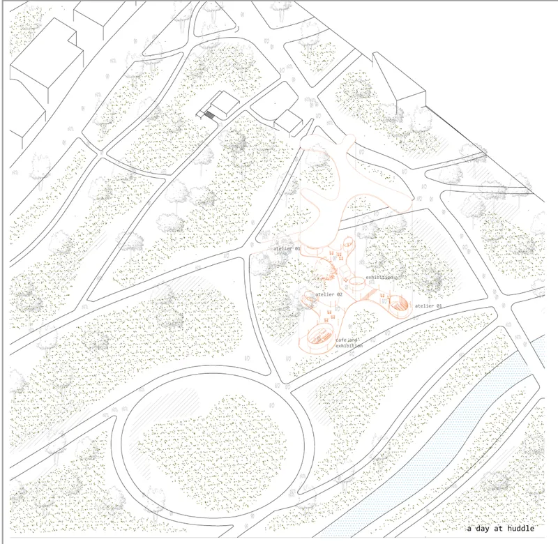 Site plan drawing showing three pavilions clustered in a forested area with roads and surrounding buildings