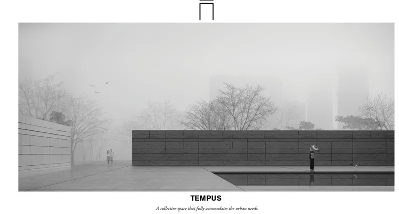 Long horizontal paneled wall flanking a reflecting pool on a misty morning with bare trees