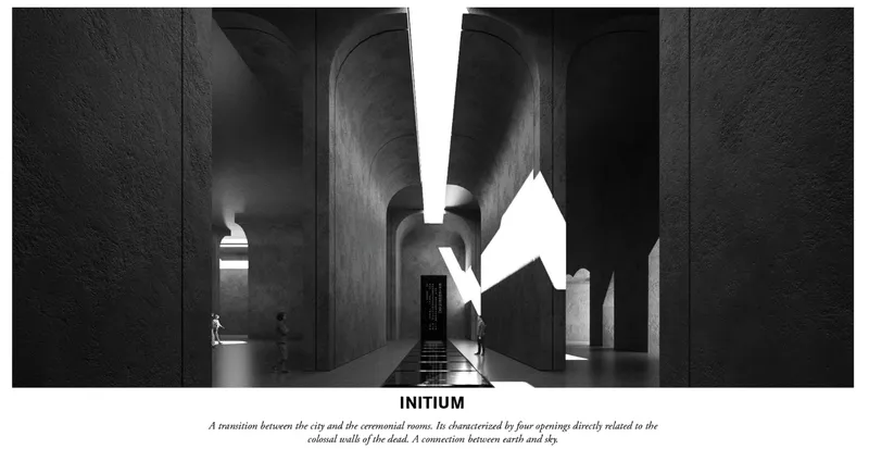 Interior rendering of vaulted concrete halls with dramatic angular light openings and solitary figures