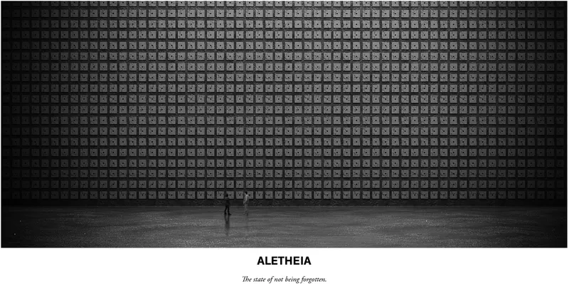 Grid wall composed of hundreds of small square panels facing a single person in an empty plaza