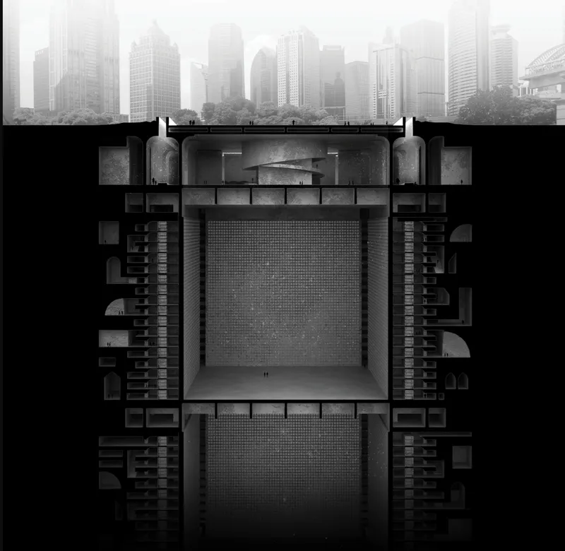 Section drawing revealing a symmetrical central courtyard with flanking residential wings beneath a foggy urban skyline