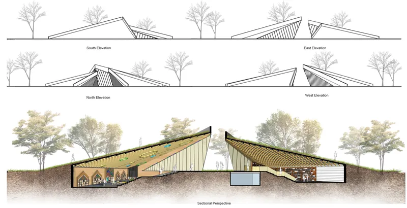 Elevation and section drawings showing the folded roof profiles and buried interior spaces with trees above