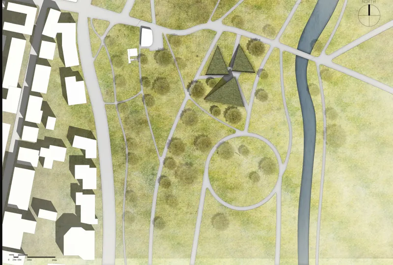 Site plan drawing with pathways forming triangular geometry around a circular gathering space and planted areas