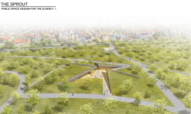 Aerial rendering of a triangular structure embedded in a green park with radiating pathways and scattered trees