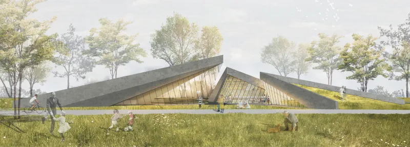 Side elevation rendering showing the glazed triangular facade beneath planted green roofs with people on the lawn