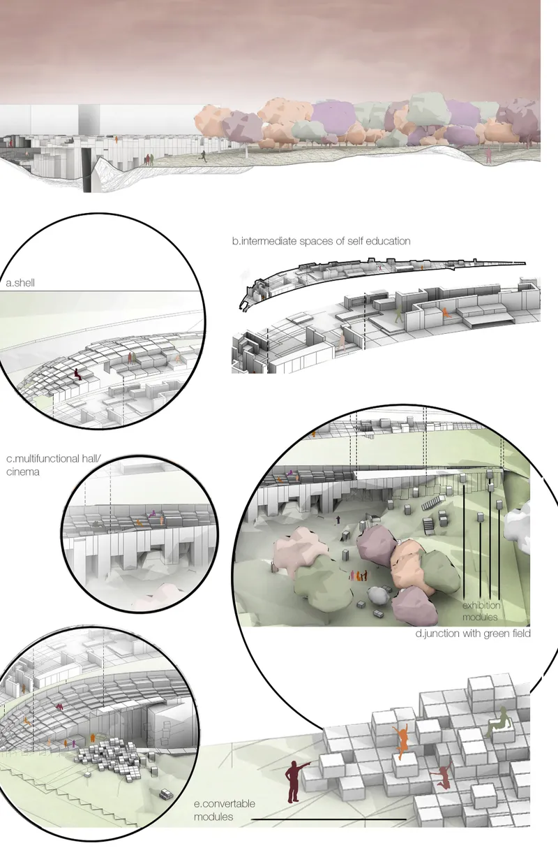 Composite diagram showing sectional views of arched spaces with modular furniture and organic sculptural elements in green field