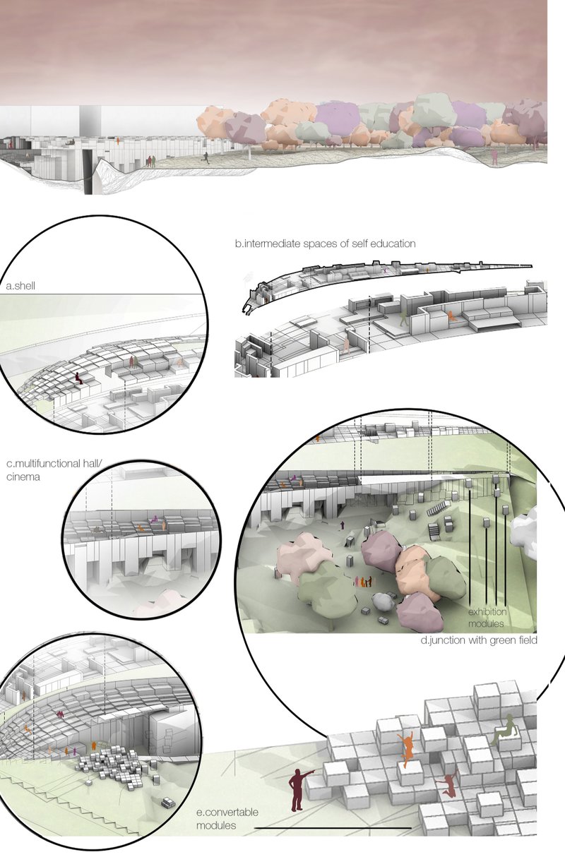 Composite diagram showing sectional views of arched spaces with modular furniture and organic sculptural elements in green field