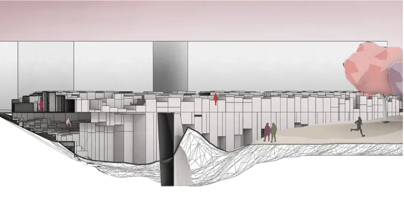 Section drawing depicting white modular facade with figures walking past geometric entry and wireframe mesh below ground