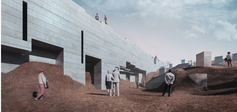 Exterior view of white panel facade with dark openings and visitors on earthen mounds under cloudy sky