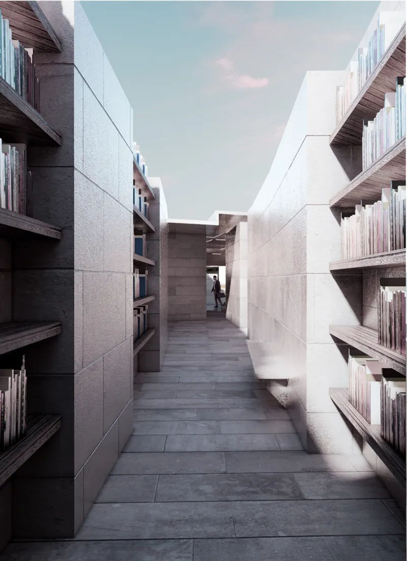 Corridor flanked by concrete walls with recessed bookshelves and a figure beneath soft overhead lighting