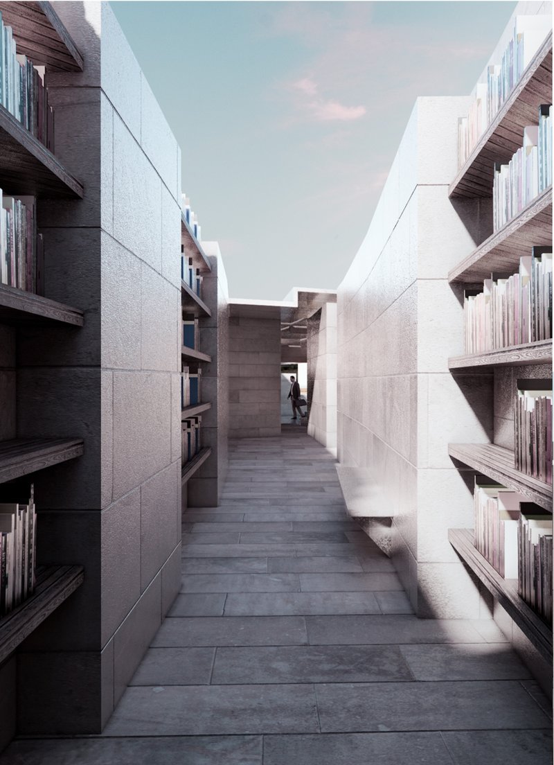 Corridor flanked by concrete walls with recessed bookshelves and a figure beneath soft overhead lighting