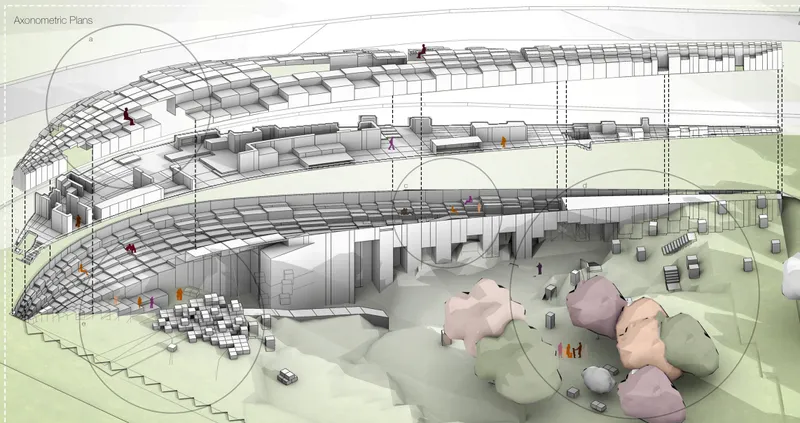 Axonometric drawing showing a vaulted structure with grid shell roof over multilevel interior spaces and sculptural forms
