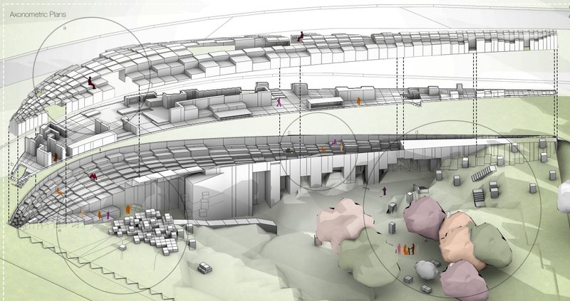 Axonometric drawing showing a vaulted structure with grid shell roof over multilevel interior spaces and sculptural forms