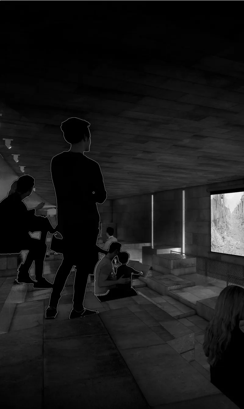 Black and white interior showing visitors in silhouette beneath a coffered concrete ceiling