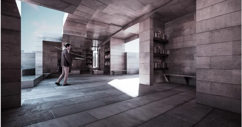 Interior concrete space with coffered ceiling and figure walking through sunlit opening between built-in bookshelves