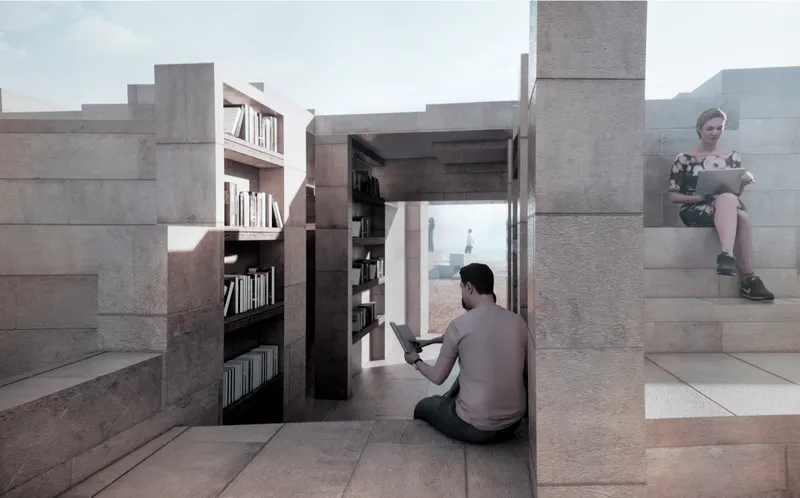 Interior staircase with integrated bookshelves and framed openings where two people sit reading in daylight