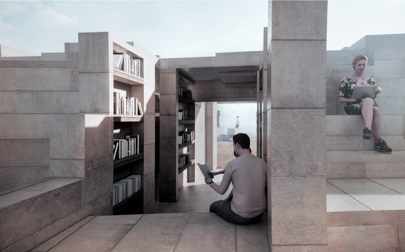 Interior staircase with integrated bookshelves and framed openings where two people sit reading in daylight