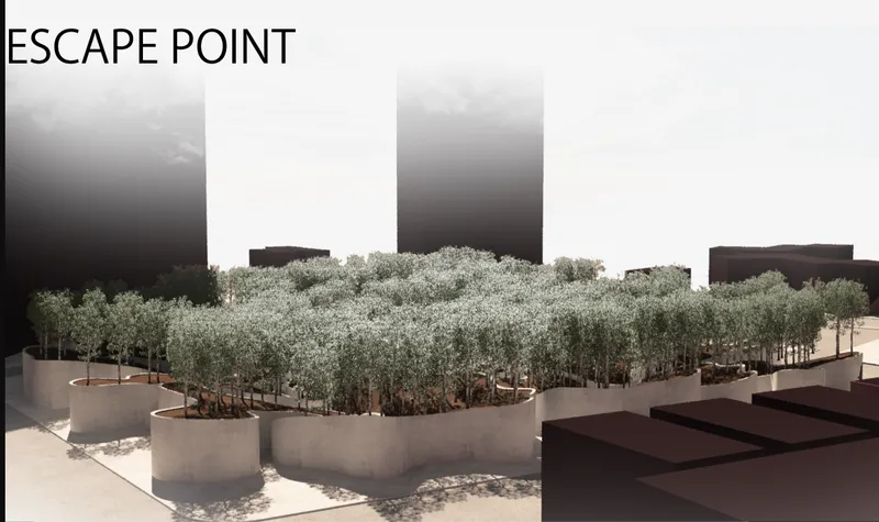 Rendering of curved concrete planters filled with trees in front of dark building volumes