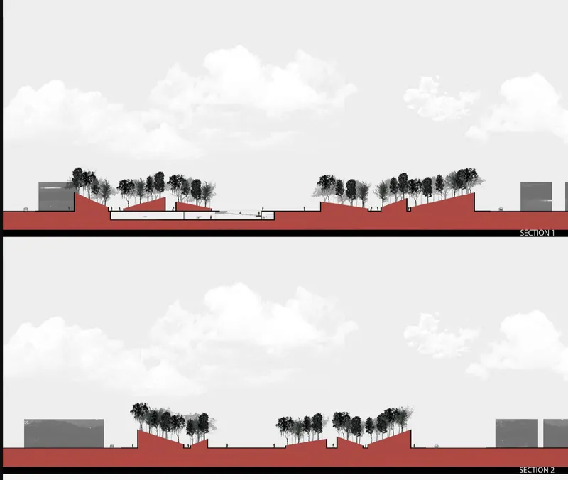 Section drawings showing subterranean spaces beneath planted mounds with clusters of trees above grade