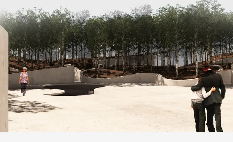 Curved concrete planters with birch trees and visitors standing on a paved plaza