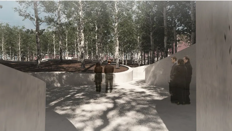 Visitors walking along a curving concrete pathway between planted beds with birch trees casting shadows
