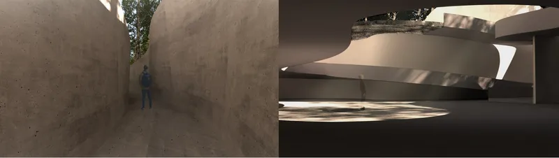 Narrow concrete passage beside a figure and interior view of curved ceiling planes