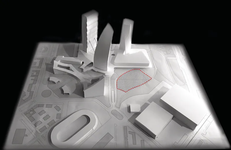 Aerial view of the CityLife site with the proposed intervention zone outlined — integrating architecture below ground.