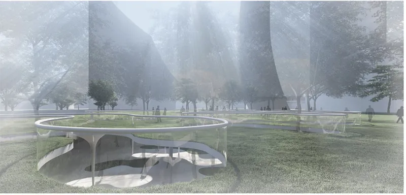 Sunlight pierces through the trees above, revealing glimpses of the workshop spaces below the park surface.