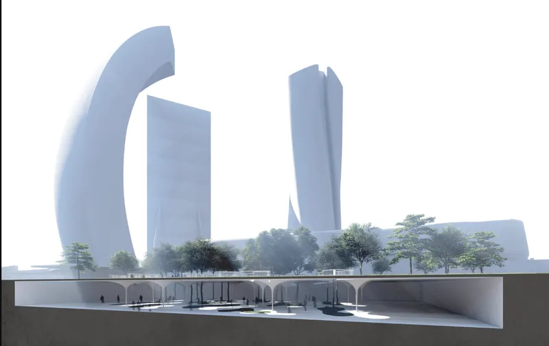 A cross-sectional perspective reveals the interplay between the built and natural environment across two levels.