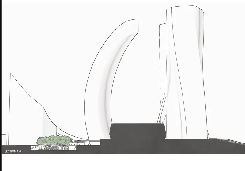 Elevation cut showing the relationship between park trees and the flexible column-based structure below.