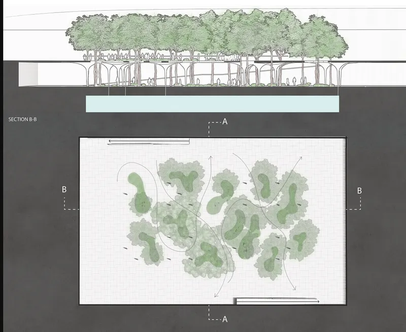 Detailed section and plan illustrating the organic layout of trees and open zones in the underground courtyard.