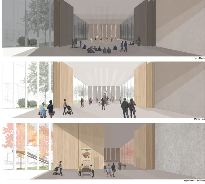 Interior rendering showing three seasonal views of the entrance corridor with timber walls and visitors walking through glazed passages