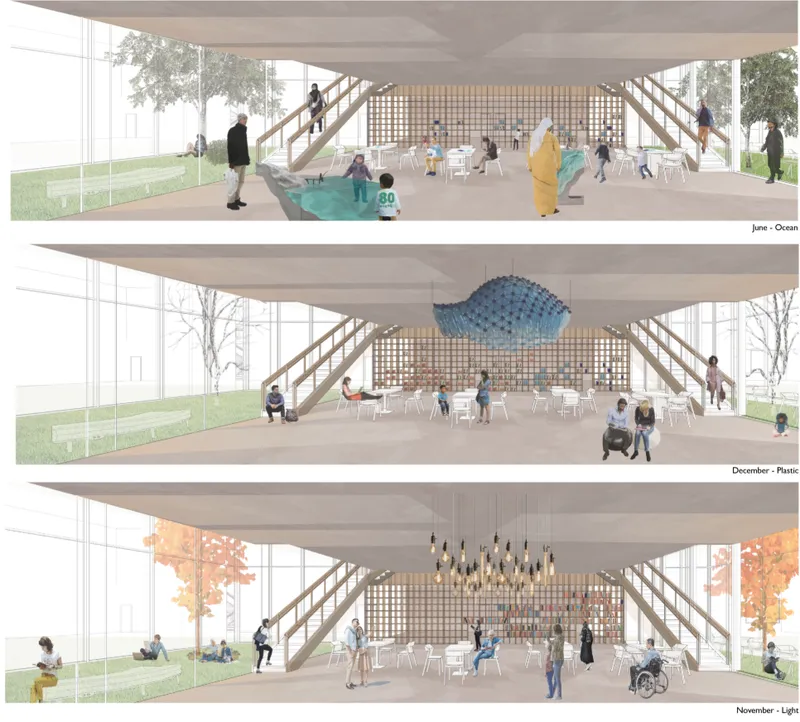 Section rendering of the reading room showing diagonal staircases flanking a checkered wall and seasonal installations hanging overhead