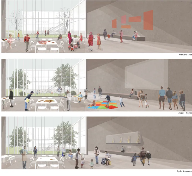 Interior rendering showing three seasonal views of the exhibition hall with floor-to-ceiling glass and visitors gathered around display tables