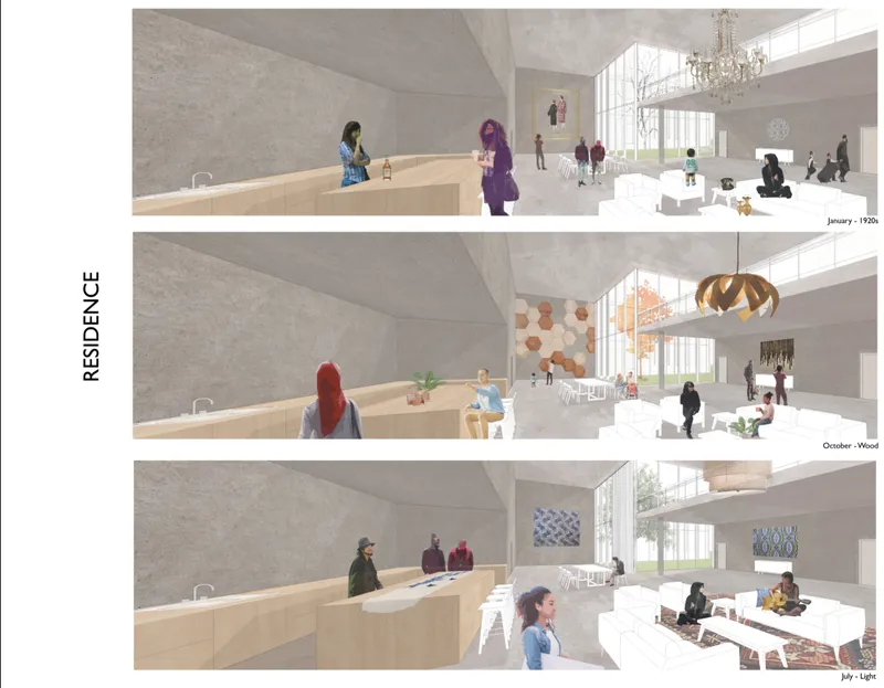 Interior rendering of the residence showing three seasonal views with a timber service counter and pendant lights