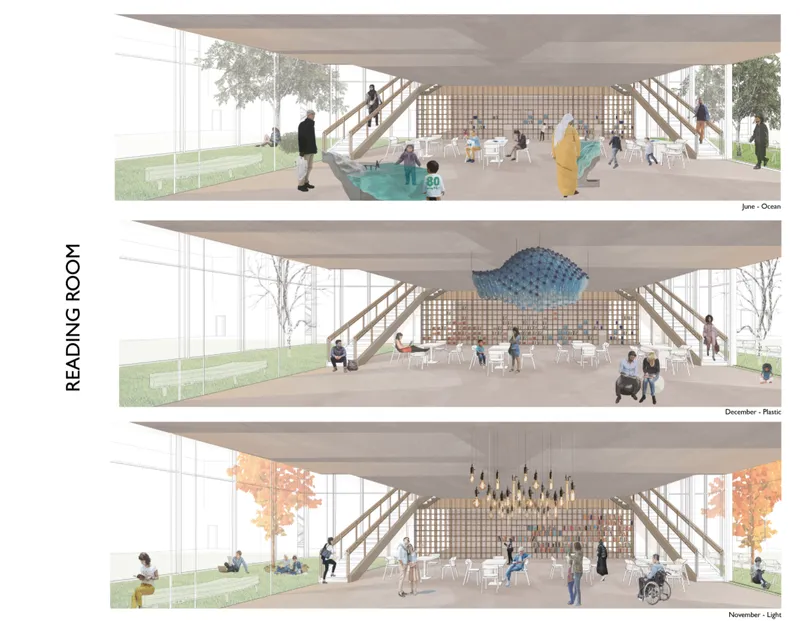 Section rendering of the reading room with timber stairs and a checkered wall across three seasonal views