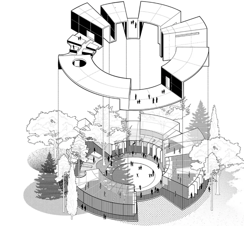 Axonometric drawing of a circular structure with curved wings and central courtyard among illustrated trees