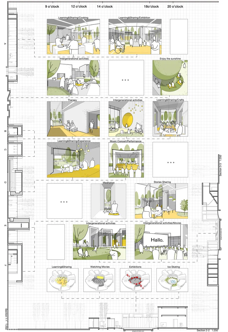 Composite floor plan with interior perspective vignettes showing programmed spaces throughout the day
