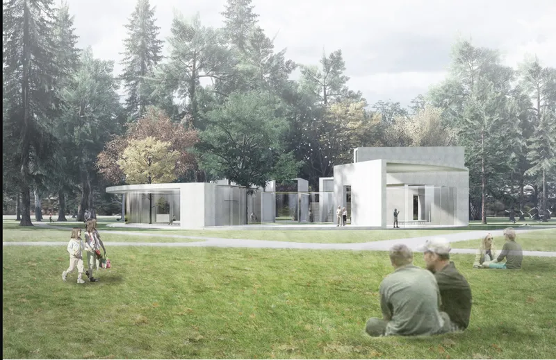 Cluster of white concrete volumes with glazed openings set in a park with visitors on the lawn