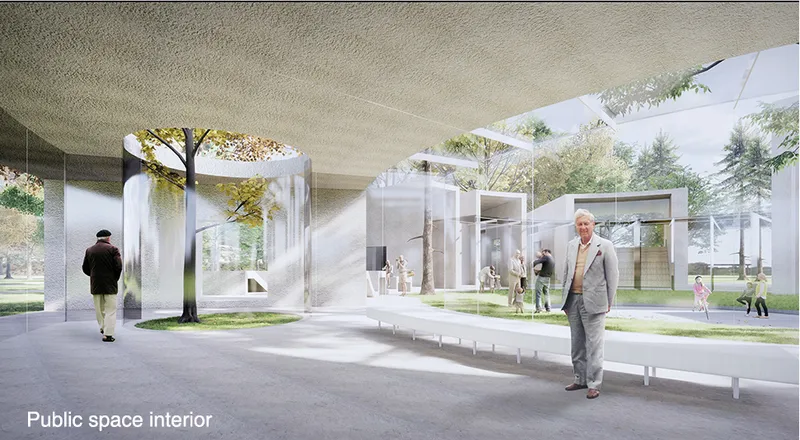 Covered walkway with textured ceiling and translucent enclosures framing courtyard spaces and trees